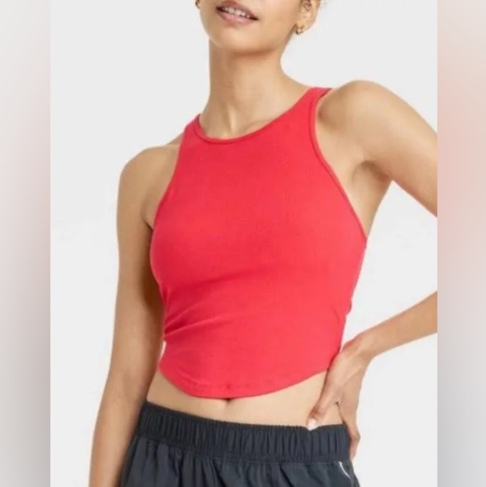 women's rib high neck racerback cropped tank top all in motion red
